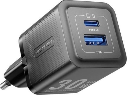 Vention Polnilnik 1x USB-A + 1x USB-C GaN 30W