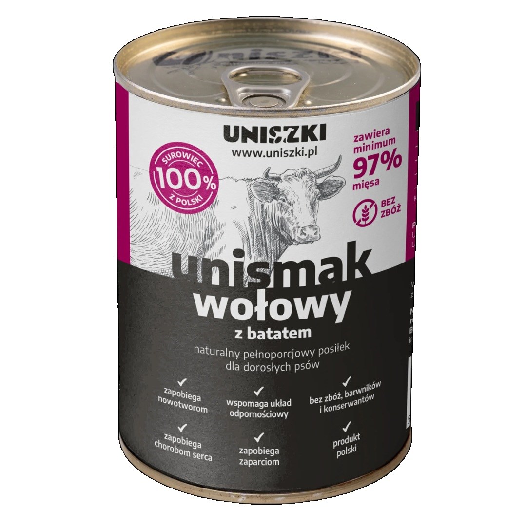 UNISZKI UNIsmak - govedina s sladkim krompirjem - mokra hrana za pse - 400g