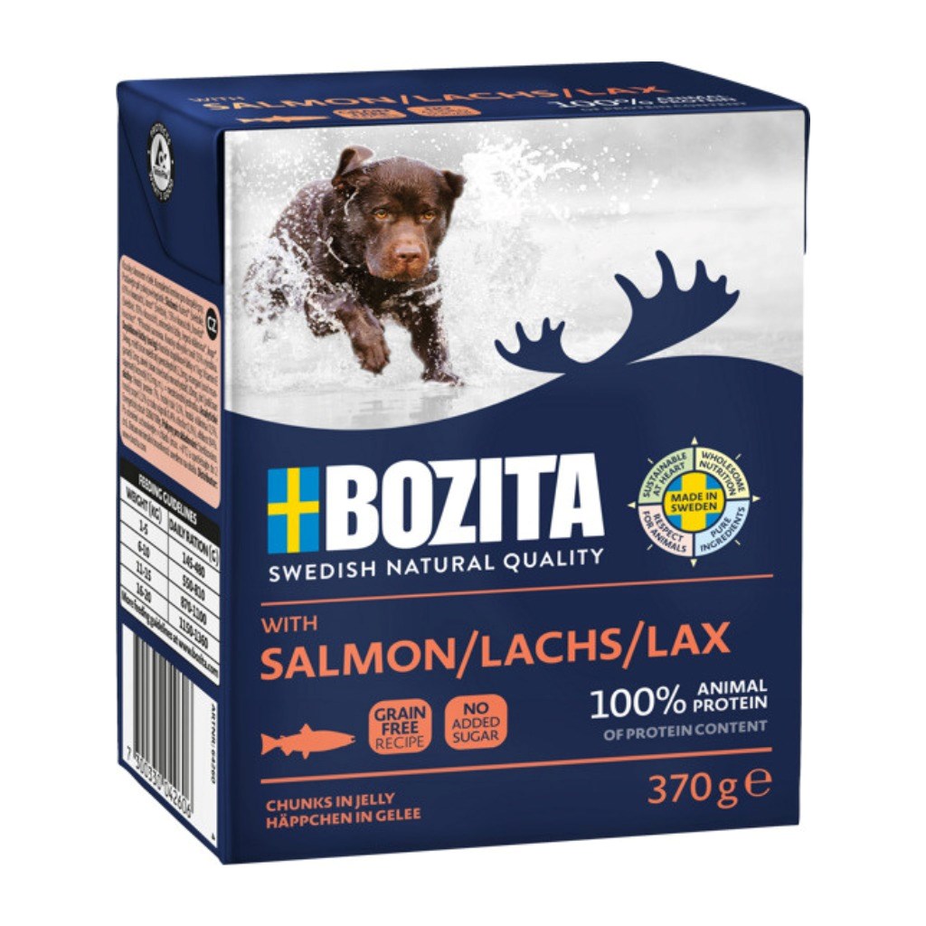 BOZITA Mesni kosci z lososom v želeju - mokra hrana za pse - 370 g