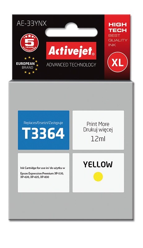 Nadomestna brizgalna kartuša Activejet AE-33YNX (rumena, 12 ml) za Epson 33XL T3364