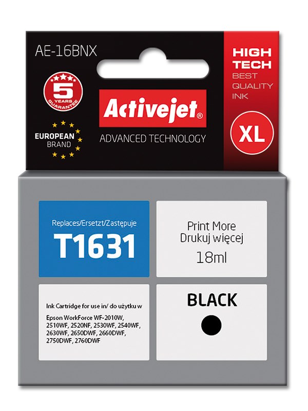 Nadomestna črna črnila Activejet AE-16BNX za Epson 16XL T1631, 18 ml