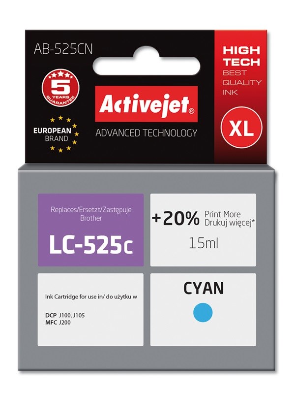 Activejet kartuša za tiskalnik Brother LC525C, cian, 15 ml
