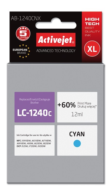 Activejet kartuša AB-1240CNX, cian, 12ml (nadomestna za Brother LC1240C)