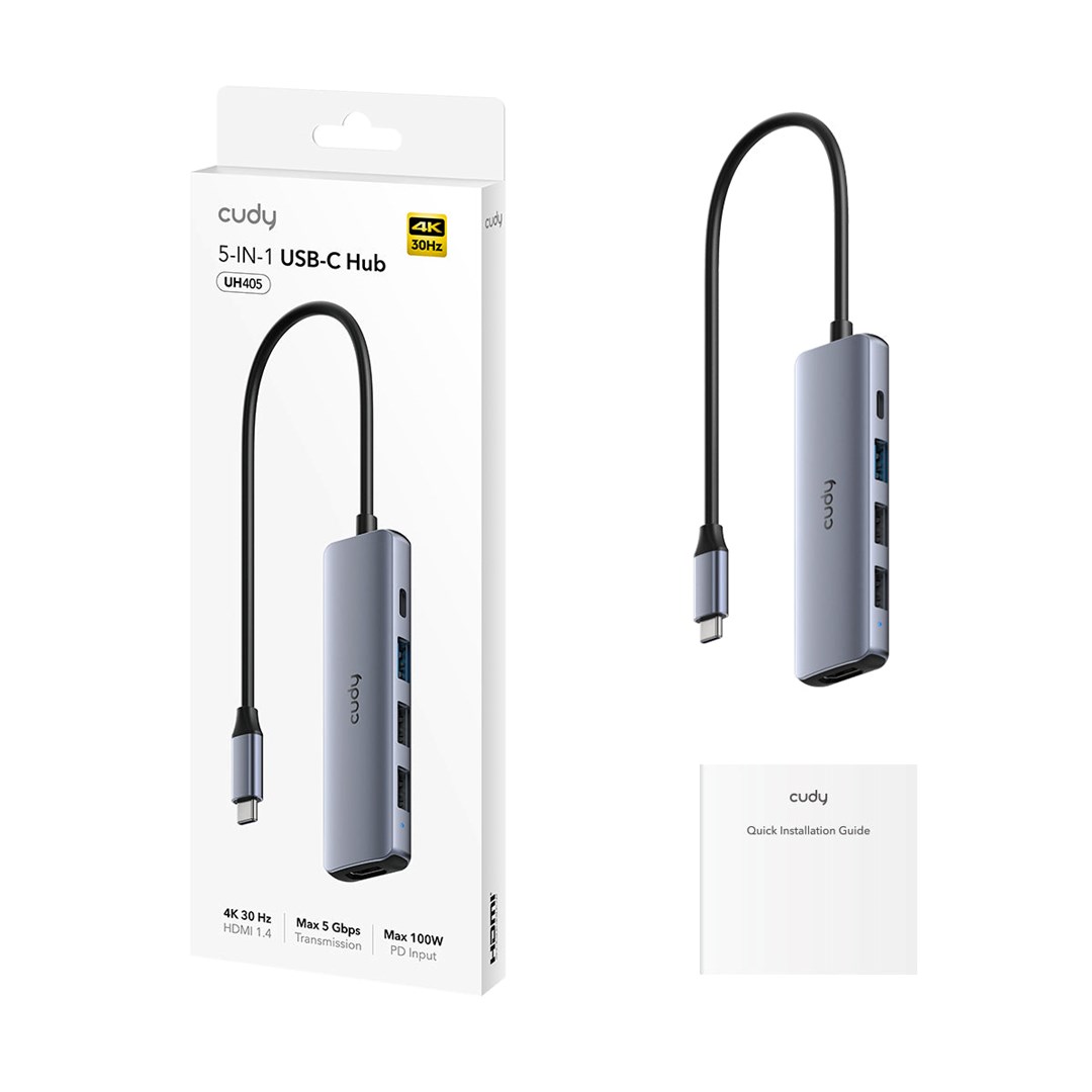 CUDY UH405 5-IN-1 USB-C centrmezgls ar