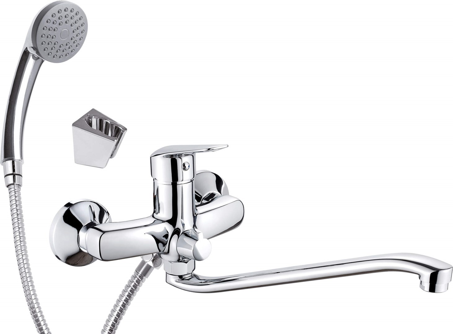 Wall-mounted washbasin mixer with extended spout - hose and shower set connection Wall-mounted washbasin mixer with extended spout - hose and shower set connection