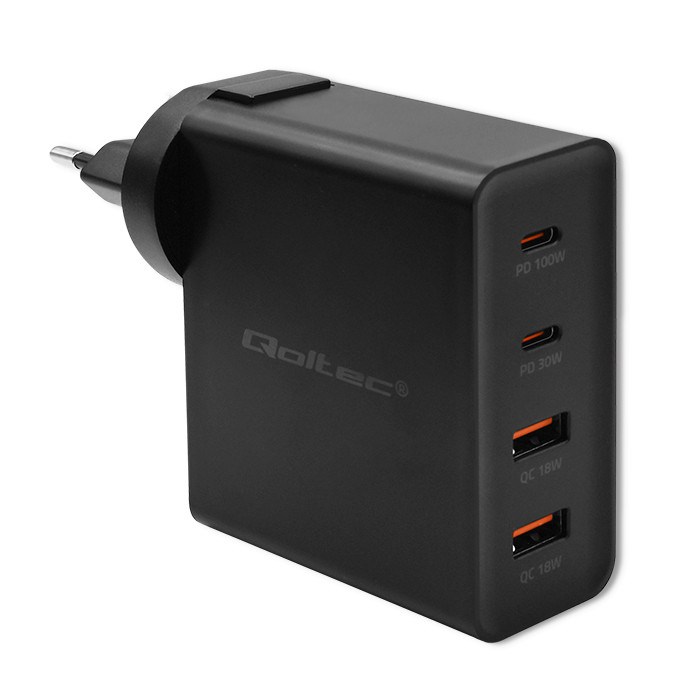 Qoltec GaN POWER PRO Charger | 2xUSB-C | 2xUSB | 130W | 5-20V | 1.5-5A | XP | Black Qoltec GaN POWER PRO Charger | 2xUSB-C | 2xUSB | 130W | 5-20V | 1.5-5A | XP | Black