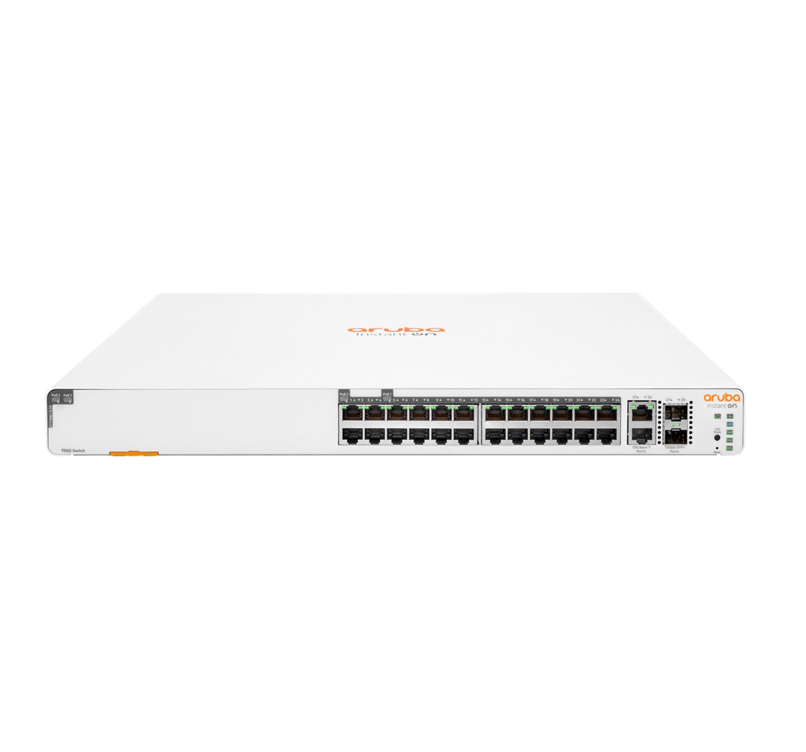 HPE Aruba Networking Networking Instant On Switch 20p Gigabit CL4 4p Gigabit CL6 PoE 2p 10GBT 2p SFP+ 370W 1960 HPE Aruba Networking Networking Instant On Switch 20p Gigabit CL4 4p Gigabit CL6 PoE 2p 10GBT 2p SFP+ 370W 1960