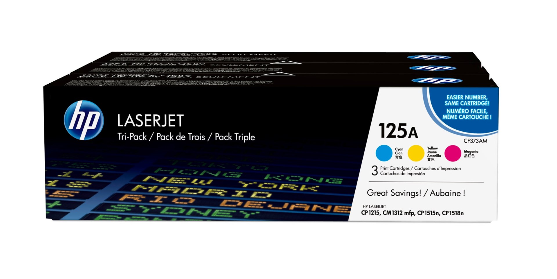 HP 125A 3-pack Cyan/Magenta/Yellow Original LaserJet Toner Cartridges HP 125A 3-pack Cyan/Magenta/Yellow Original LaserJet Toner Cartridges