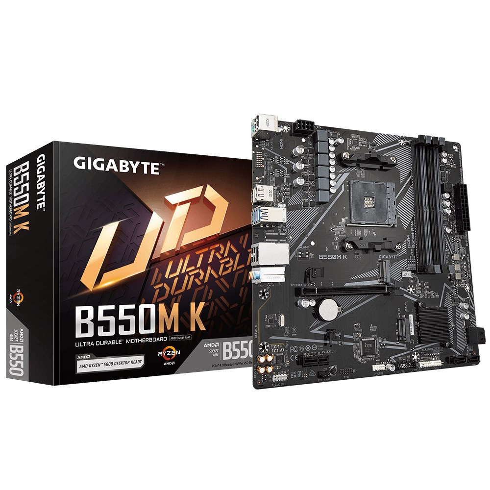 Gigabyte B550M K Motherboard - Supports AMD Ryzen 5000 Series AM4 CPUs, up to 4733MHz DDR4 (OC), 2xPCIe 3.0 M.2, GbE LAN, USB 3.2 Gen1 Gigabyte B550M K Motherboard - Supports AMD Ryzen 5000 Series AM4 CPUs, up to 4733MHz DDR4 (OC), 2xPCIe 3.0 M.2, GbE LAN, USB 3.2 Gen1