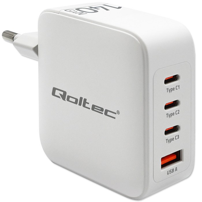 Qoltec 140W GaN Wall Charger | 5-20V | 2.5-5A | 3 x USB-C PD | 1 x USB QC 3.0 | White Qoltec 140W GaN Wall Charger | 5-20V | 2.5-5A | 3 x USB-C PD | 1 x USB QC 3.0 | White