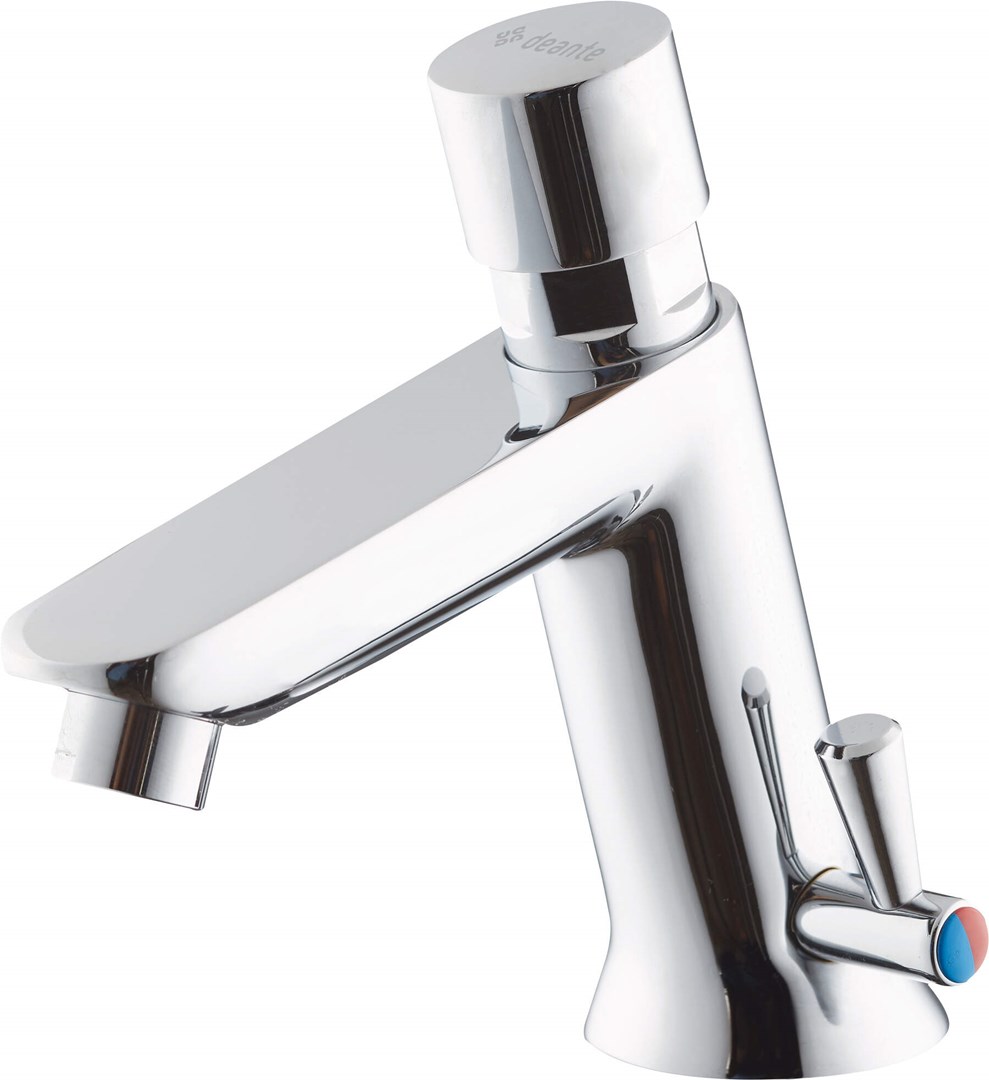 Timed washbasin mixer with temperature control - without closing the drain Timed washbasin mixer with temperature control - without closing the drain