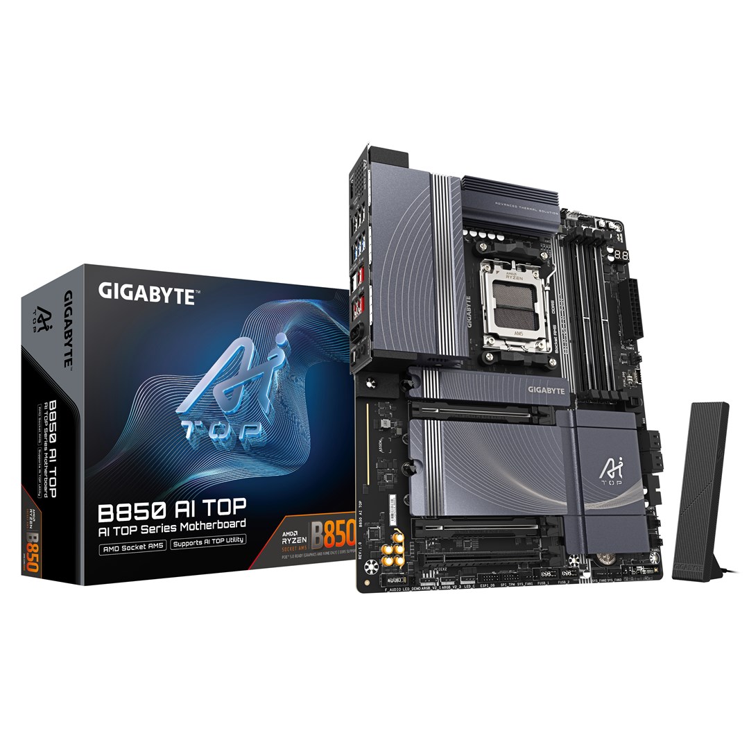 GIGABYTE B850 AI TOP Motherboard - AMD Ryzen 9000 Series CPUs, 16+2+2 Phases Digital VRM, up to 8600MHz DDR5 (OC), 2xPCIe 5.0 + 1xPCIe 4.0 M.2, 10 LAN, WIFI 7, USB 3.2 Gen 2x2 GIGABYTE B850 AI TOP Motherboard - AMD Ryzen 9000 Series CPUs, 16+2+2 Phases Digital VRM, up to 8600MHz DDR5 (OC), 2xPCIe 5.0 + 1xPCIe 4.0 M.2, 10 LAN, WIFI 7, USB 3.2 Gen 2x2