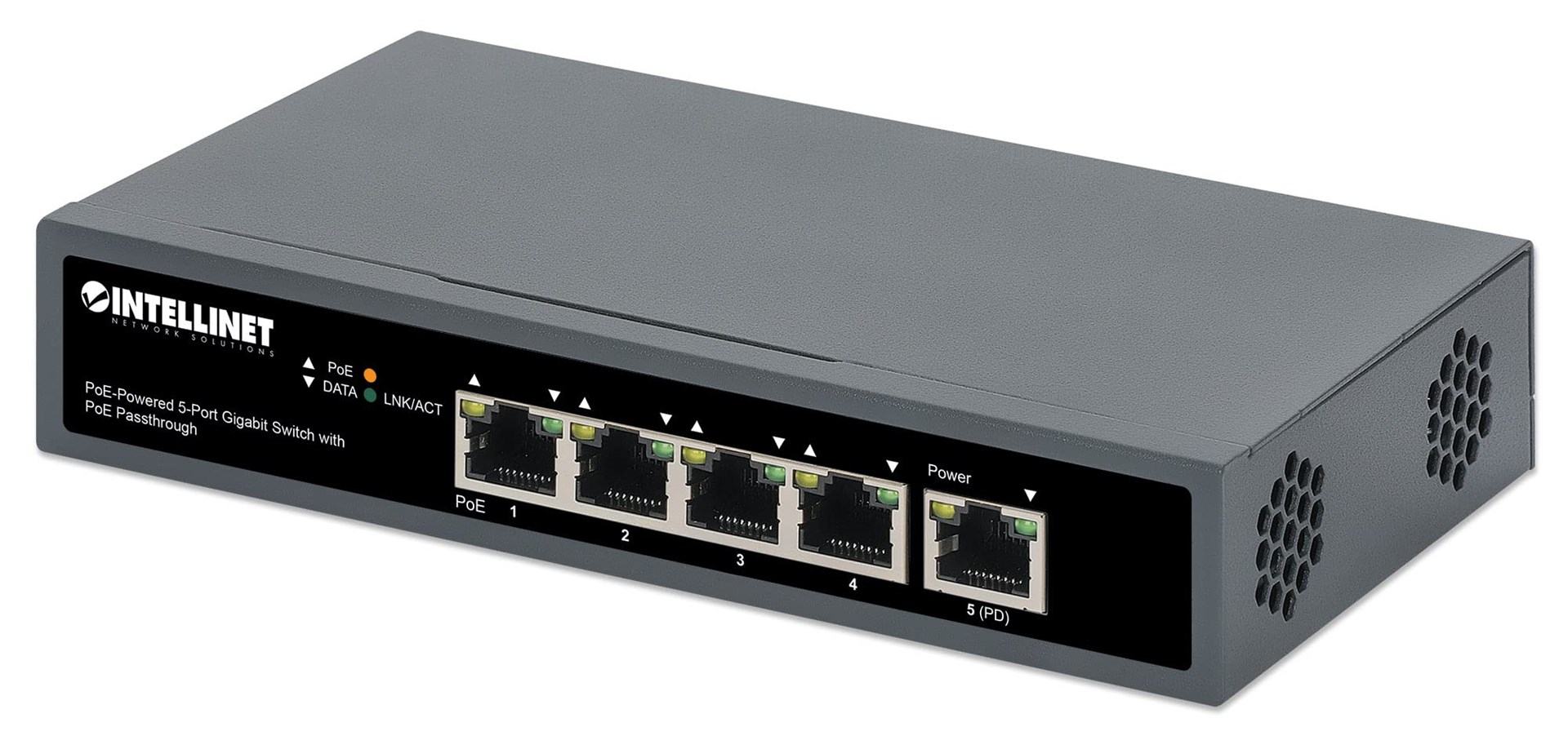 Intellinet 5-Port Gigabit Switch with PoE Passthrough, One IEEE 802.3bt (PoE++ / 4PPoE) PD PoE Port with 95 W Power Input, Four PSE PoE ports, PoE Power Budget up to 65 W, IEEE 802.3at/af Compliant Output, Desktop, Wall-mount Option Intellinet 5-Port Gigabit Switch with PoE Passthrough, One IEEE 802.3bt (PoE++ / 4PPoE) PD PoE Port with 95 W Power Input, Four PSE PoE ports, PoE Power Budget up to 65 W, IEEE 802.3at/af Compliant Output, Desktop, Wall-mount Option