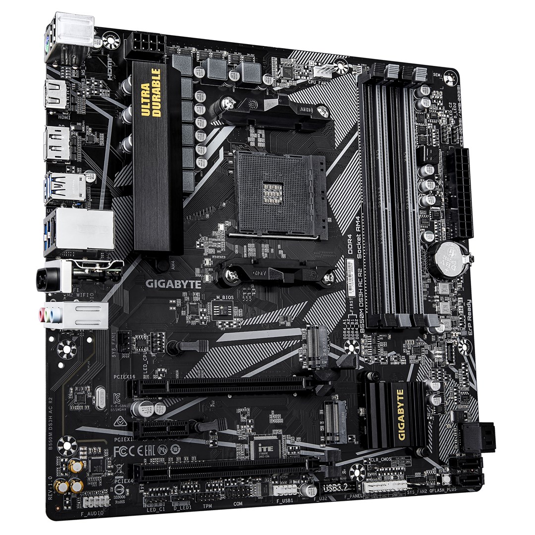 GIGABYTE B550M DS3H AC R2 Motherboard - AMD Ryzen 5000 CPUs, 5+3 Phases VRM, up to 4733MHz DDR4 (O.C.), 1xPCIe 4.0 + 1xPCIe 3.0 M.2, Wi-Fi 5, 1GbE LAN, USB 3.2 Gen 1 GIGABYTE B550M DS3H AC R2 Motherboard - AMD Ryzen 5000 CPUs, 5+3 Phases VRM, up to 4733MHz DDR4 (O.C.), 1xPCIe 4.0 + 1xPCIe 3.0 M.2, Wi-Fi 5, 1GbE LAN, USB 3.2 Gen 1