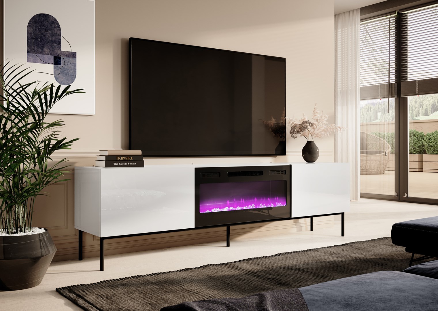 RTV SLIDE 200K cabinet with an electric fireplace on a black frame 200x40x57 cm all in white gloss RTV SLIDE 200K cabinet with an electric fireplace on a black frame 200x40x57 cm all in white gloss
