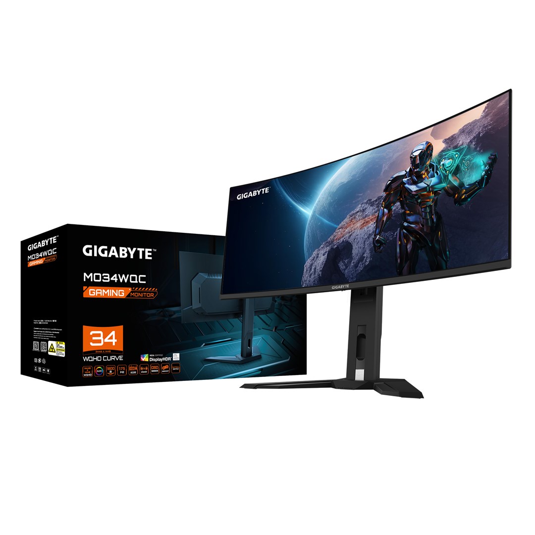 GIGABYTE MO34WQC 34" OLED WQHD Curved Gaming Monitor - 3440 x 1440, 175Hz, 0.03ms, KVM, 250 cd/m², FreeSync Premium Pro, DisplayHDR True Black 400, HDMI 2.1, Displayport 1.4 GIGABYTE MO34WQC 34" OLED WQHD Curved Gaming Monitor - 3440 x 1440, 175Hz, 0.03ms, KVM, 250 cd/m², FreeSync Premium Pro, DisplayHDR True Black 400, HDMI 2.1, Displayport 1.4