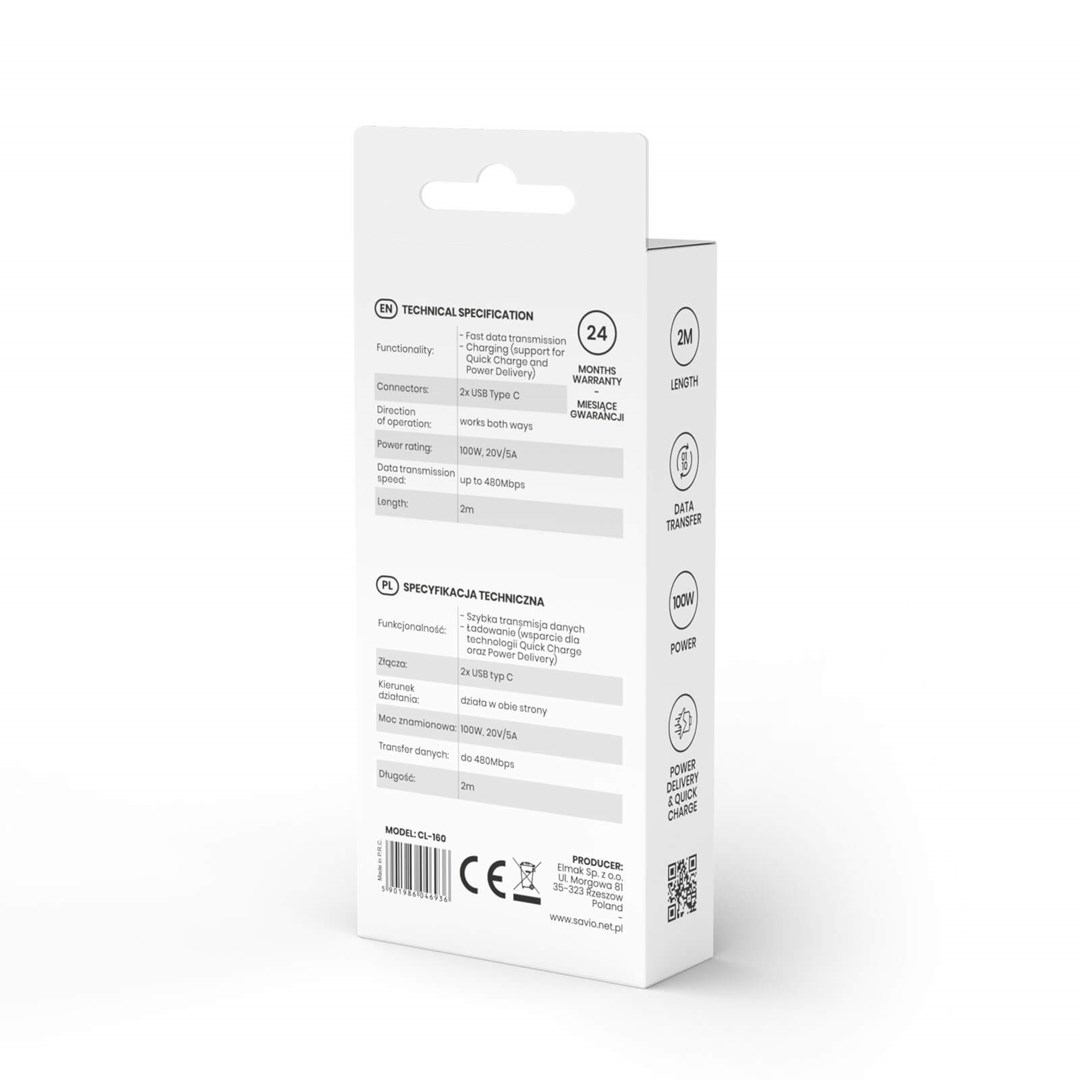 Savio CL-160 USB cable 2 m USB 2.0 USB C - USB C Black Savio CL-160 USB cable 2 m USB 2.0 USB C - USB C Black
