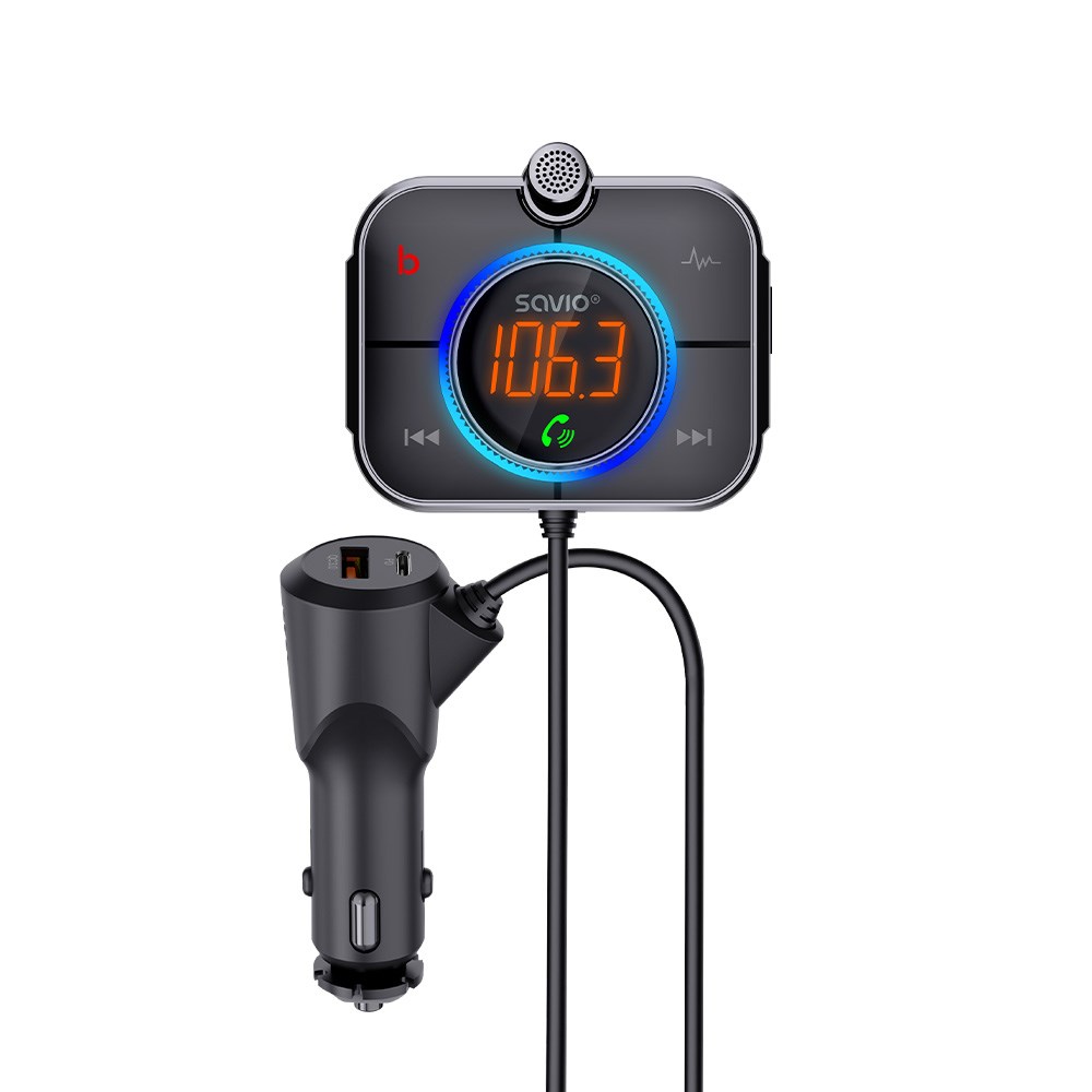 Savio TR-14 Transmiter FM z Bluetooth i ładowarką PD 87.6 - 107.9 MHz Bluetooth/USB Black Savio TR-14 Transmiter FM z Bluetooth i ładowarką PD 87.6 - 107.9 MHz Bluetooth/USB Black
