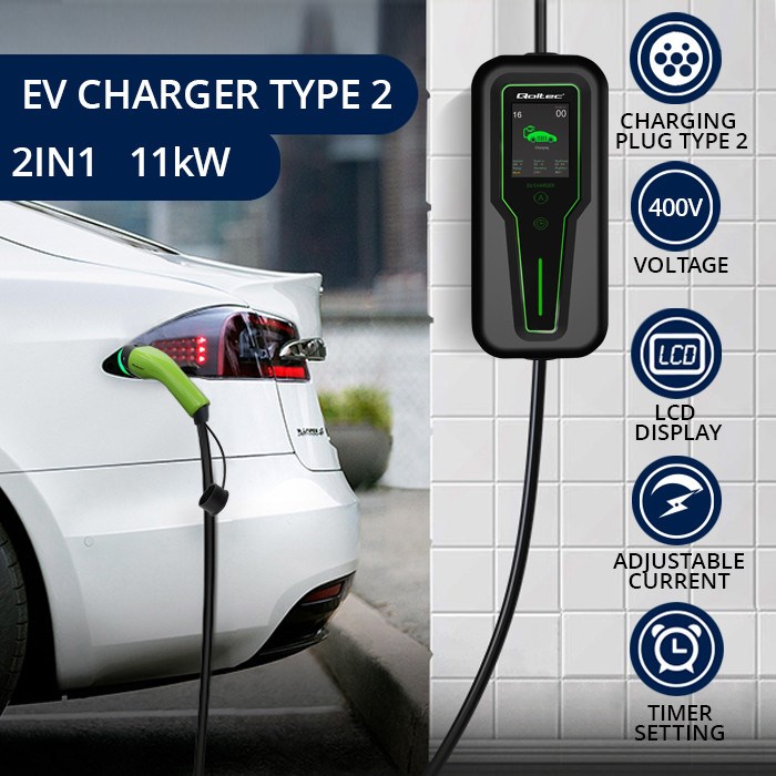 Qoltec Mobile EV Car Charger Adjustable 2in1 Type2 | 11kW | 3 Phases | CEE 5 PIN| LCD |Portable | Wallbox | 5m Qoltec Mobile EV Car Charger Adjustable 2in1 Type2 | 11kW | 3 Phases | CEE 5 PIN| LCD |Portable | Wallbox | 5m
