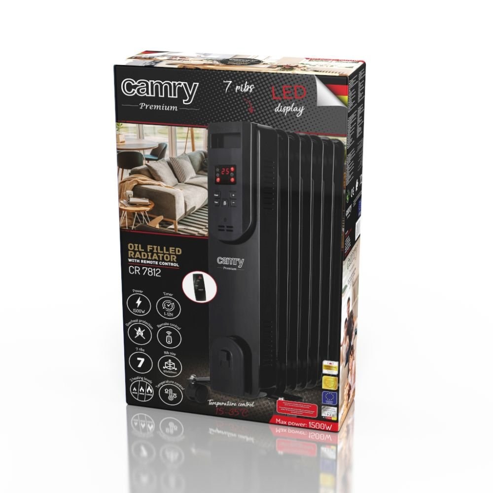 Electric oil heater with remote control CAMRY CR 7812, 7 ribs, 1500 W black Electric oil heater with remote control CAMRY CR 7812, 7 ribs, 1500 W black