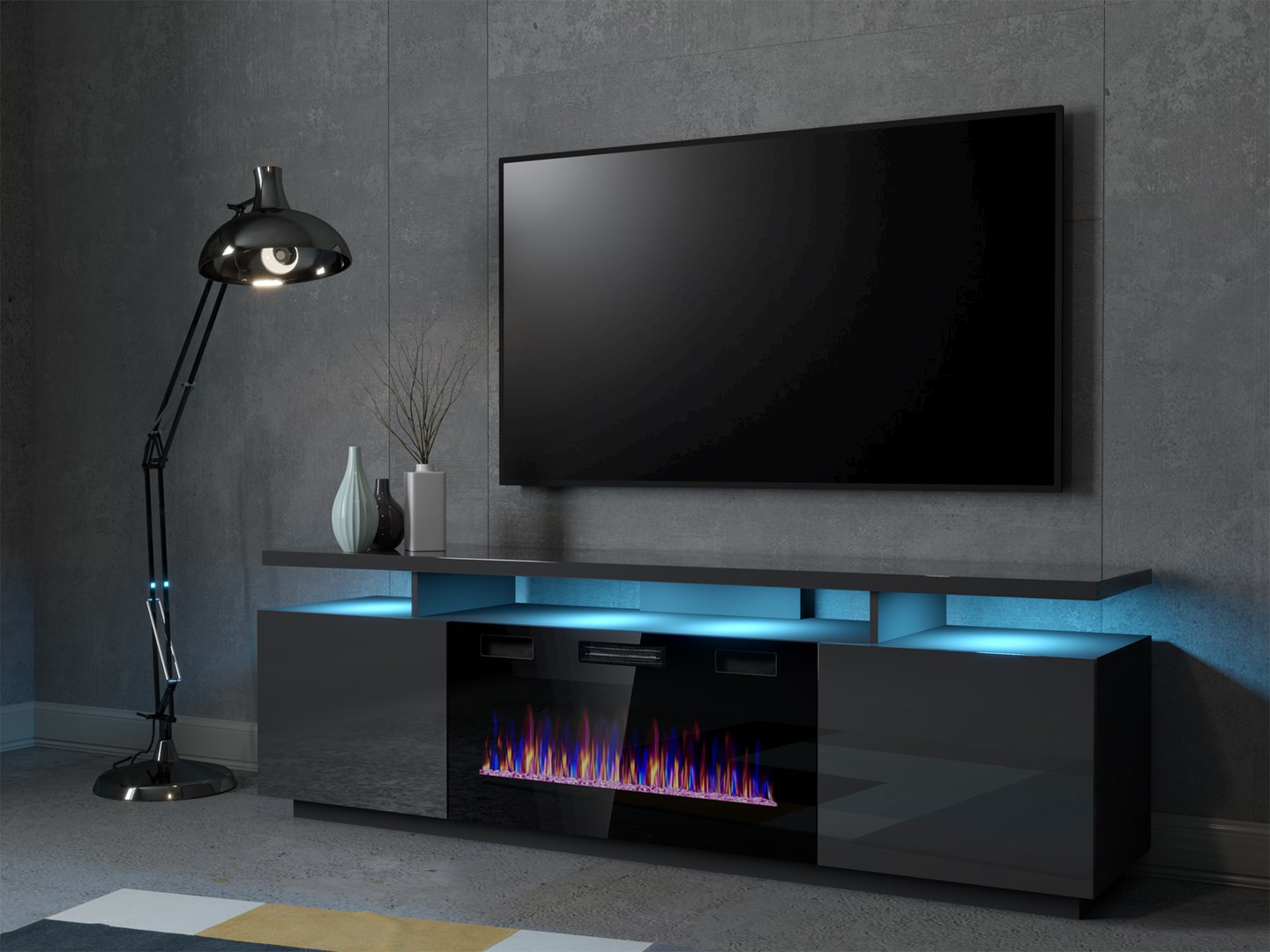 RTV EVA cabinet with electric fireplace 180x40x52 cm graphite/glossy graphite RTV EVA cabinet with electric fireplace 180x40x52 cm graphite/glossy graphite