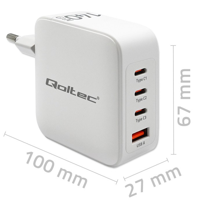 Qoltec 140W GaN Wall Charger | 5-20V | 2.5-5A | 3 x USB-C PD | 1 x USB QC 3.0 | White Qoltec 140W GaN Wall Charger | 5-20V | 2.5-5A | 3 x USB-C PD | 1 x USB QC 3.0 | White