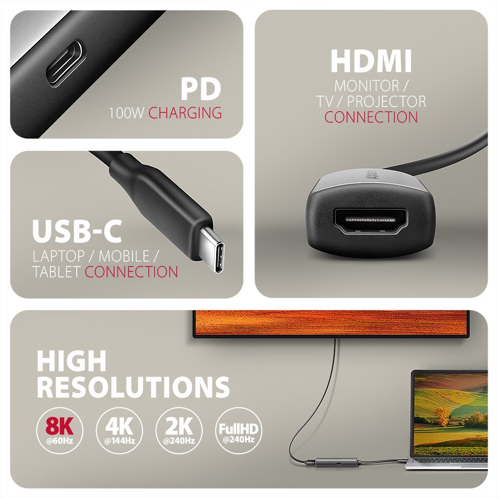 Axagon RVC-HI8KPD, USB-C -> HDMI 2.1 adapter, 8K/60Hz, 4K/144Hz, HDR10+, PD100W Axagon RVC-HI8KPD, USB-C -> HDMI 2.1 adapter, 8K/60Hz, 4K/144Hz, HDR10+, PD100W