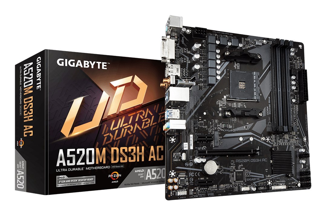 GIGABYTE A520M DS3H AC Motherboard - AMD Ryzen 5000 Series CPUs, 5+3 Phases VRM, up to 4733MHz DDR5 (OC), 1xPCIe 3.0 M.2, GbE LAN, WIFI 5, USB 3.2 Gen 1 GIGABYTE A520M DS3H AC Motherboard - AMD Ryzen 5000 Series CPUs, 5+3 Phases VRM, up to 4733MHz DDR5 (OC), 1xPCIe 3.0 M.2, GbE LAN, WIFI 5, USB 3.2 Gen 1