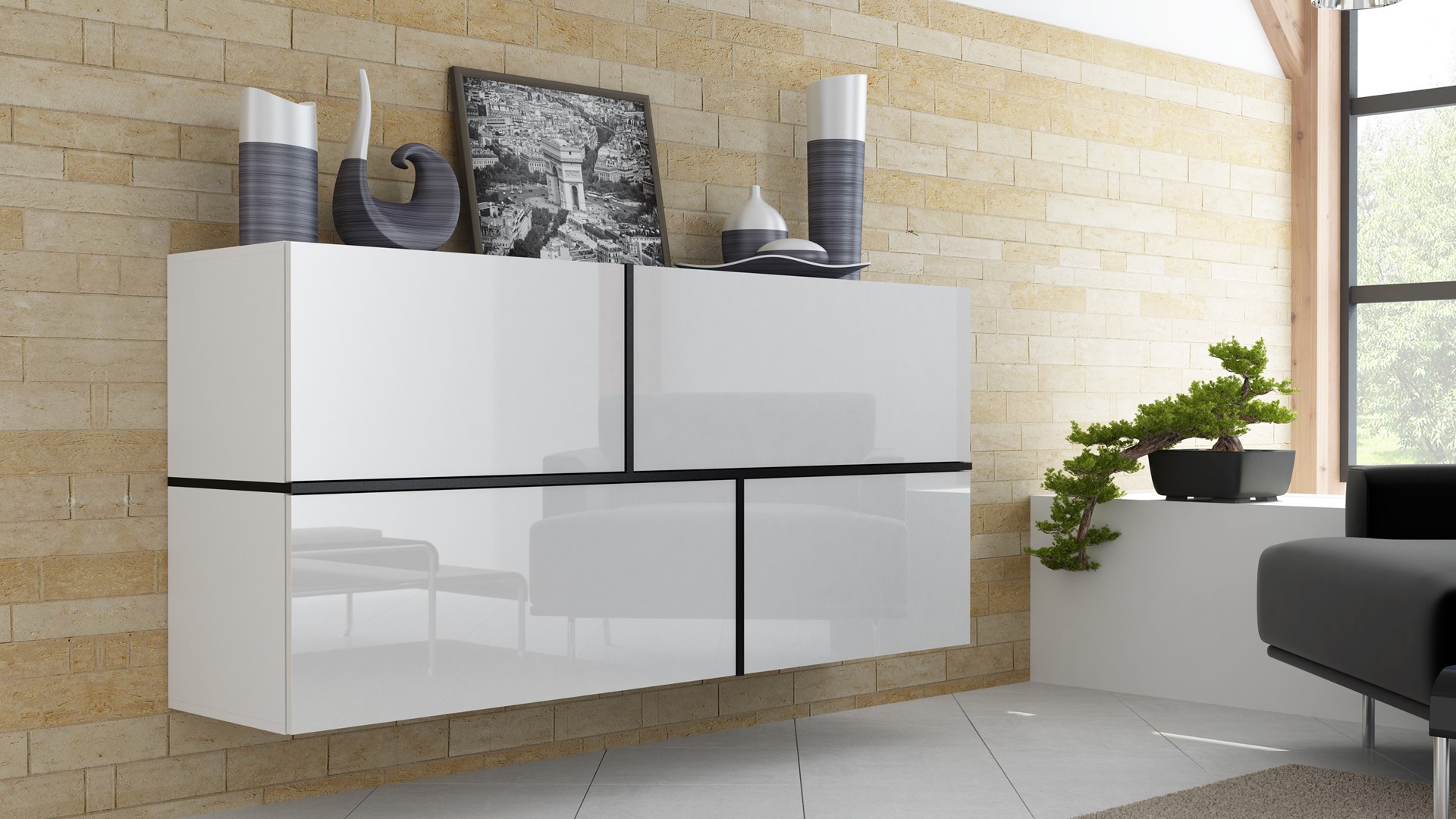 Cama sideboard GOYA 170/40/80 white/white gloss+black Cama sideboard GOYA 170/40/80 white/white gloss+black