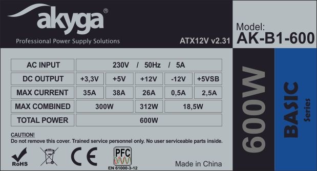 Akyga AK-B1-600 power supply unit 600 W 20+4 pin ATX ATX Grey Akyga AK-B1-600 power supply unit 600 W 20+4 pin ATX ATX Grey