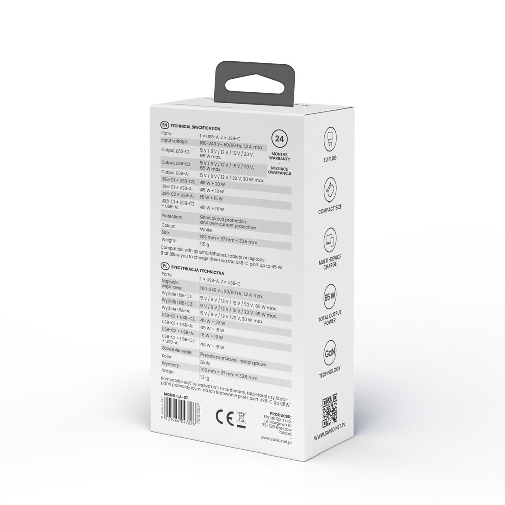 SAVIO LA-07 GaN 65W mains charger, USB, QC4.0+, PD 3.0, White SAVIO LA-07 GaN 65W mains charger, USB, QC4.0+, PD 3.0, White