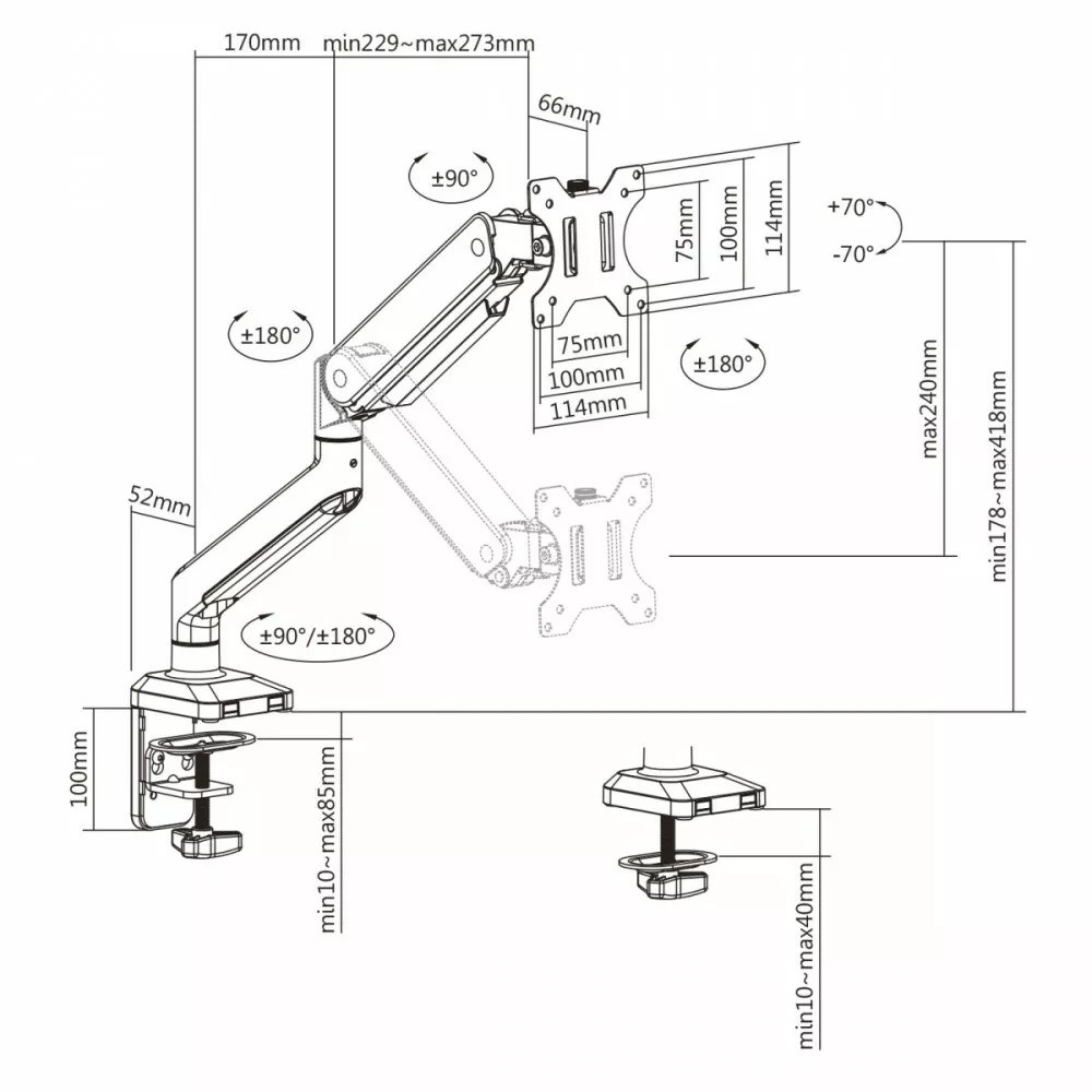 Ergo Office Aluminium Monitor Mount with Gas Spring, Double Arm, VESA 75x75/100x100, 17"-32" 10 kg Silver, ER-447 Ergo Office Aluminium Monitor Mount with Gas Spring, Double Arm, VESA 75x75/100x100, 17"-32" 10 kg Silver, ER-447