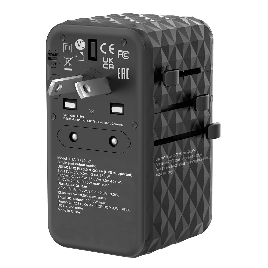 Verbatim UTA-06 100W GaN III Universal Travel Adapter with 2 x USB-C PD & QC 4+ & 2 x USB-A QC 3.0 ports Verbatim UTA-06 100W GaN III Universal Travel Adapter with 2 x USB-C PD & QC 4+ & 2 x USB-A QC 3.0 ports
