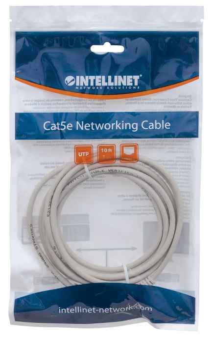 Intellinet Network Patch Cable, Cat5e, 3m, Grey, CCA, U/UTP, PVC, RJ45, Gold Plated Contacts, Snagless, Booted, Lifetime Warranty Intellinet Network Patch Cable, Cat5e, 3m, Grey, CCA, U/UTP, PVC, RJ45, Gold Plated Contacts, Snagless, Booted, Lifetime Warranty