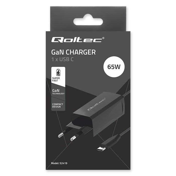 Qoltec 52419 65W GaN Super Fast Charger| 5-20V | 3-3.25A | USB-C 3.1 Qoltec 52419 65W GaN Super Fast Charger| 5-20V | 3-3.25A | USB-C 3.1