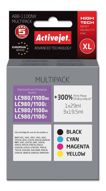 Activejet ABB-1100NX Ink (replacement for Brother LC1100/980; Supreme; 1 x 29 ml, 3 x 19.5 ml; black, magenta, cyan, yellow) Activejet ABB-1100NX Ink (replacement for Brother LC1100/980; Supreme; 1 x 29 ml, 3 x 19.5 ml; black, magenta, cyan, yellow)