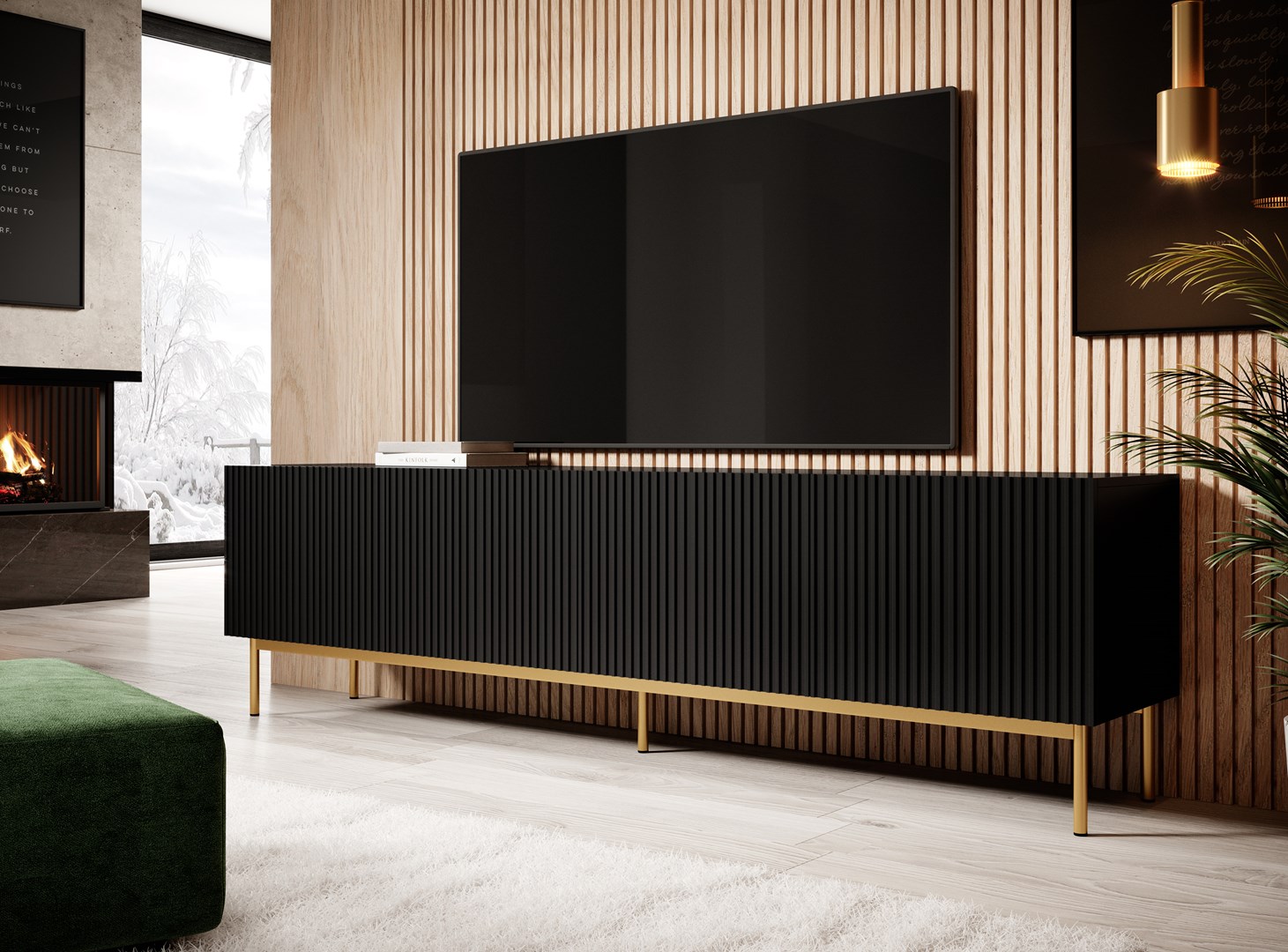 PAFOS RTV cabinet on golden steel frame 200x40x60 cm matte black PAFOS RTV cabinet on golden steel frame 200x40x60 cm matte black