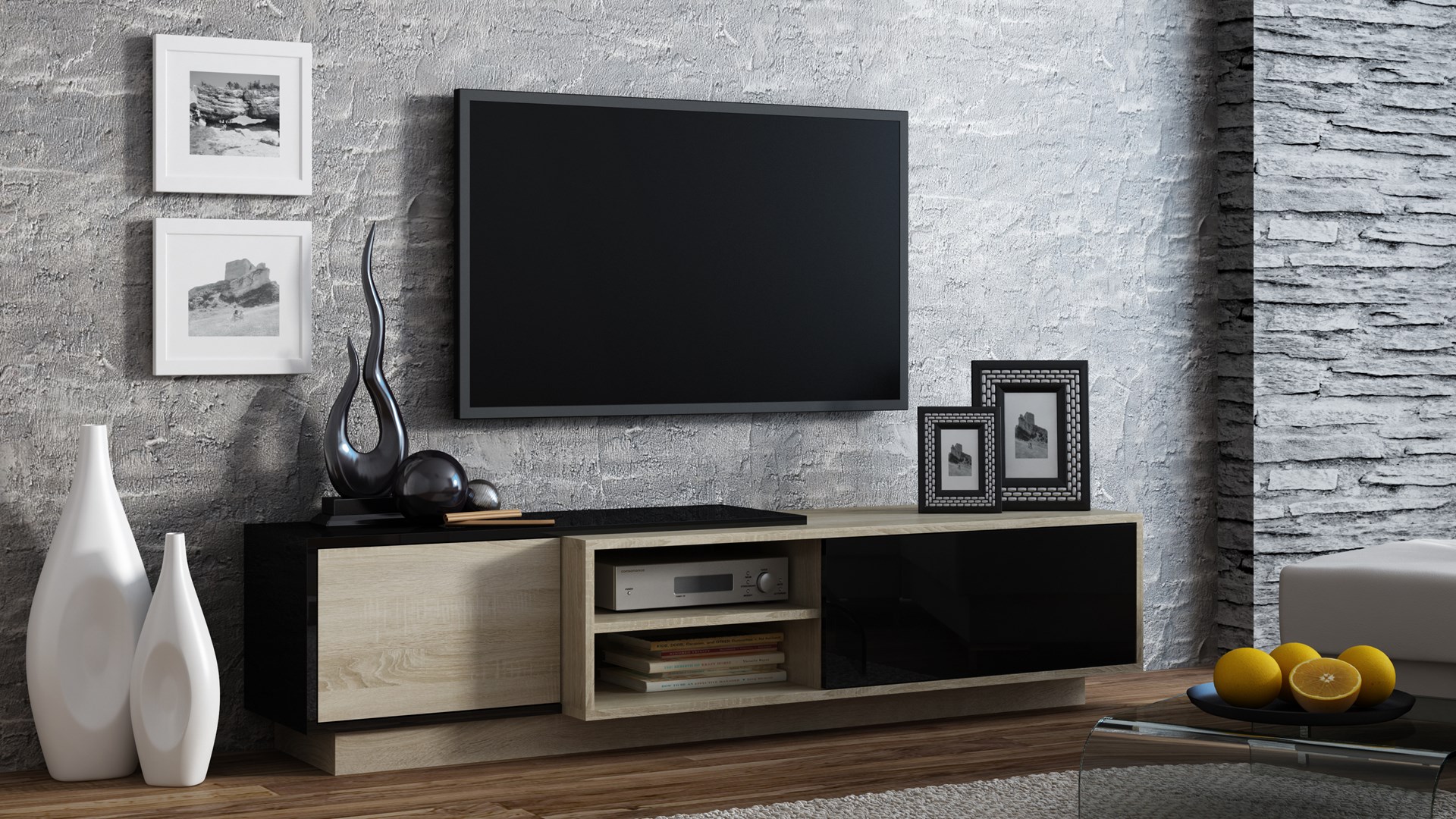 Cama TV cabinet SIGMA1 180 sonoma oak/black gloss Cama TV cabinet SIGMA1 180 sonoma oak/black gloss