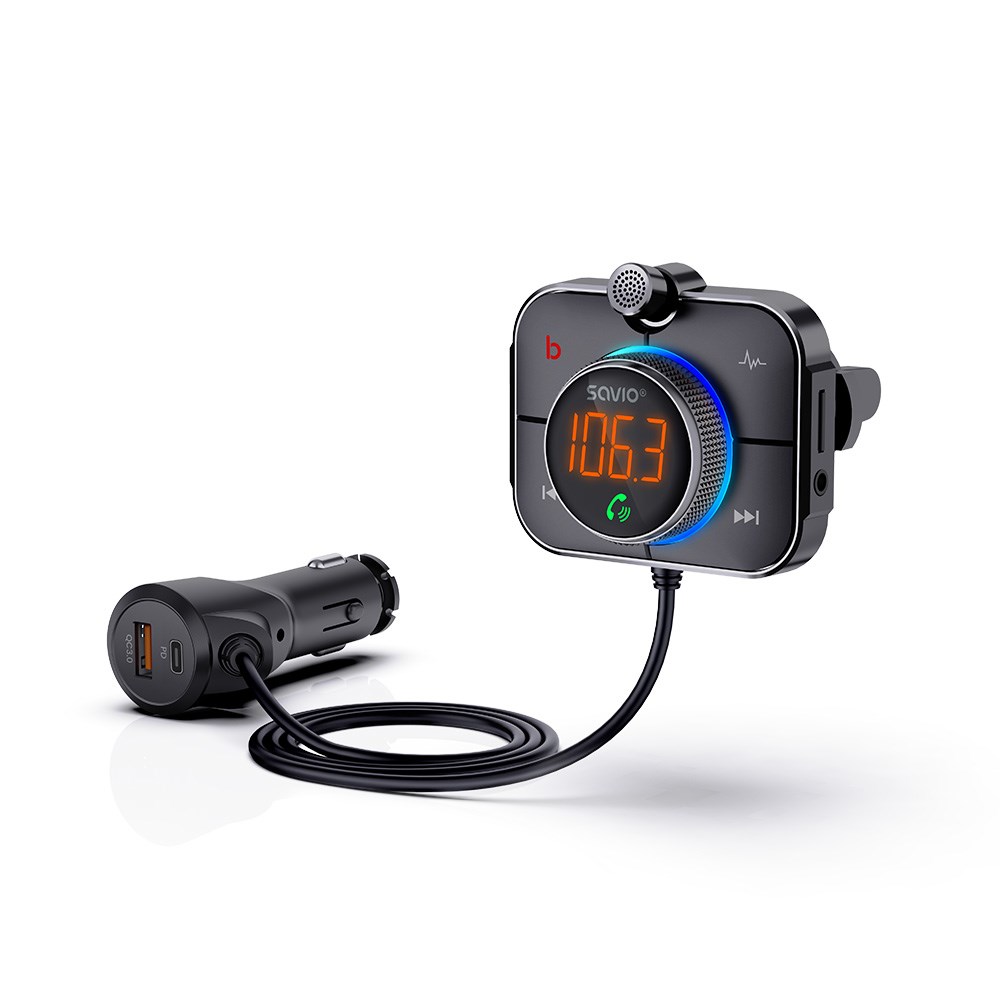 Savio TR-14 Transmiter FM z Bluetooth i ładowarką PD 87.6 - 107.9 MHz Bluetooth/USB Black Savio TR-14 Transmiter FM z Bluetooth i ładowarką PD 87.6 - 107.9 MHz Bluetooth/USB Black
