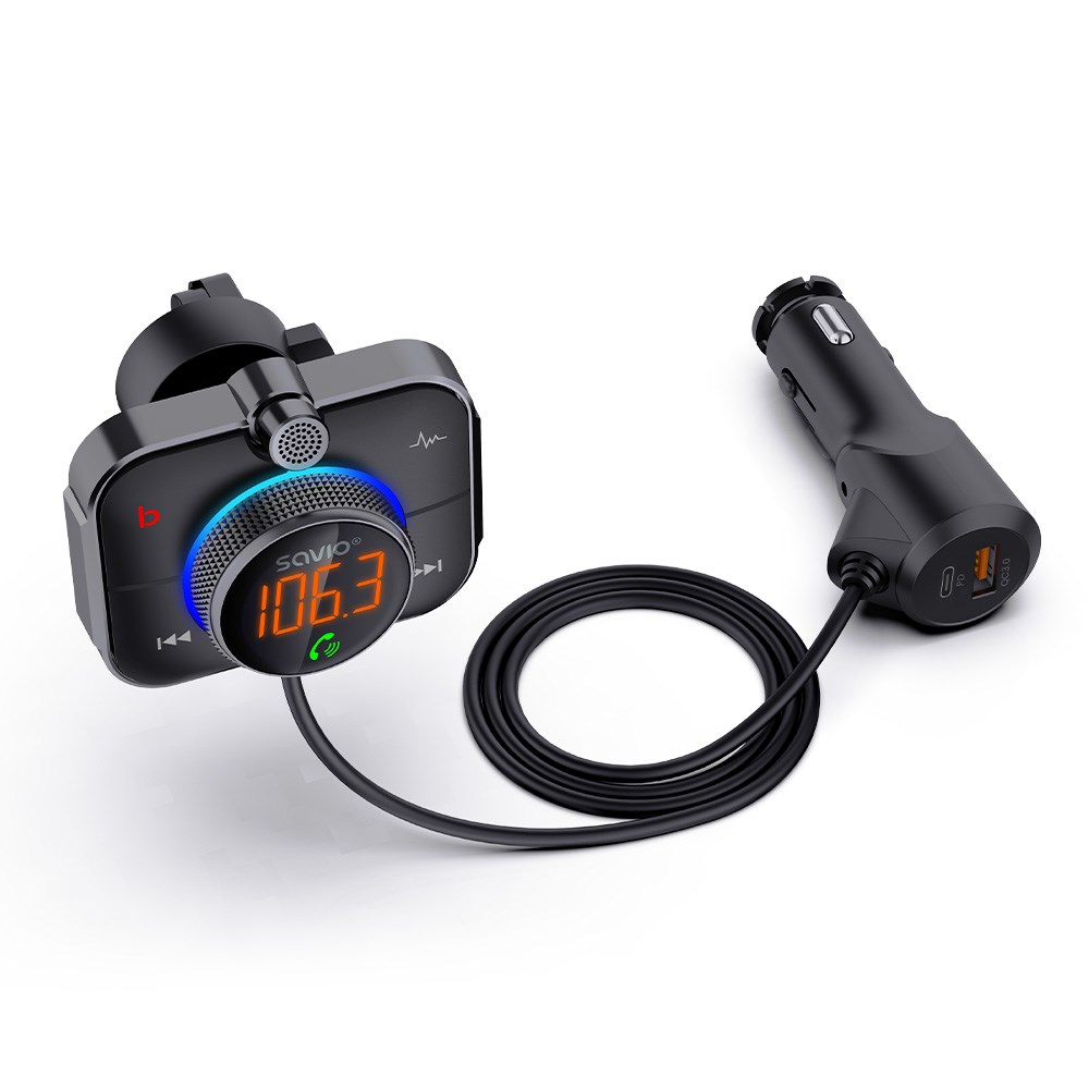 Savio TR-14 Transmiter FM z Bluetooth i ładowarką PD 87.6 - 107.9 MHz Bluetooth/USB Black Savio TR-14 Transmiter FM z Bluetooth i ładowarką PD 87.6 - 107.9 MHz Bluetooth/USB Black