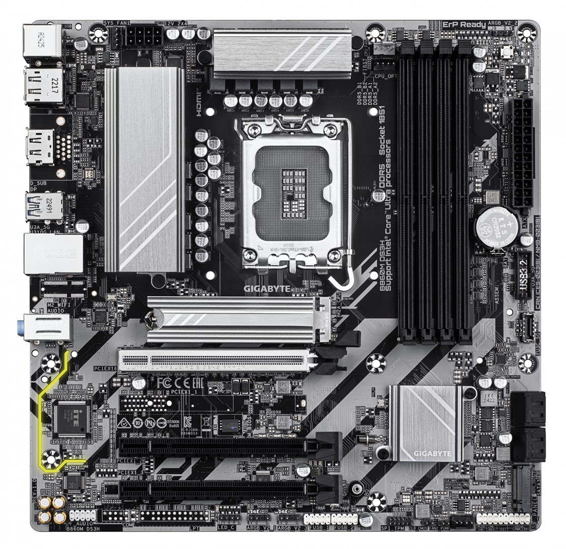GIGABYTE B860M DS3H Motherboard - Intel Core Ultra Series CPUs, 5+1+2+1 Phases VRM, up to 9066MHz DDR5, 1xPCIe 5.0 + 1xPCIe 4.0 M.2, 2.5GbE LAN, USB 3.2 Gen 2 GIGABYTE B860M DS3H Motherboard - Intel Core Ultra Series CPUs, 5+1+2+1 Phases VRM, up to 9066MHz DDR5, 1xPCIe 5.0 + 1xPCIe 4.0 M.2, 2.5GbE LAN, USB 3.2 Gen 2