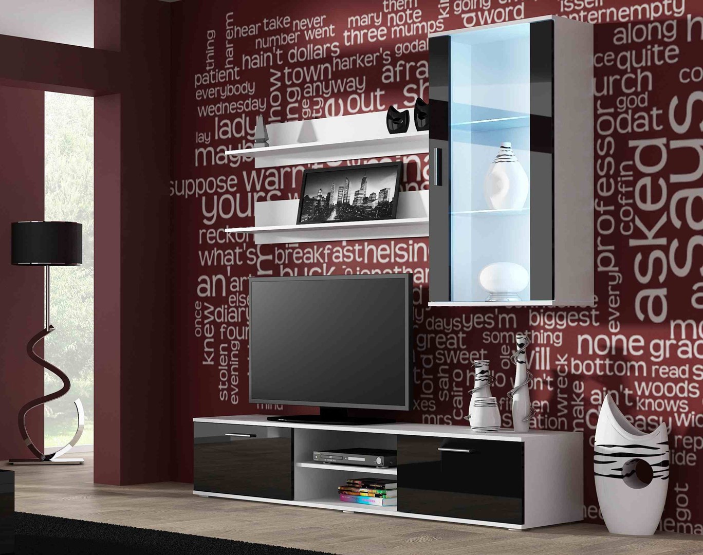 SOHO 5 set (TV180 cabinet + Wall unit + shelves) White/Black gloss SOHO 5 set (TV180 cabinet + Wall unit + shelves) White/Black gloss