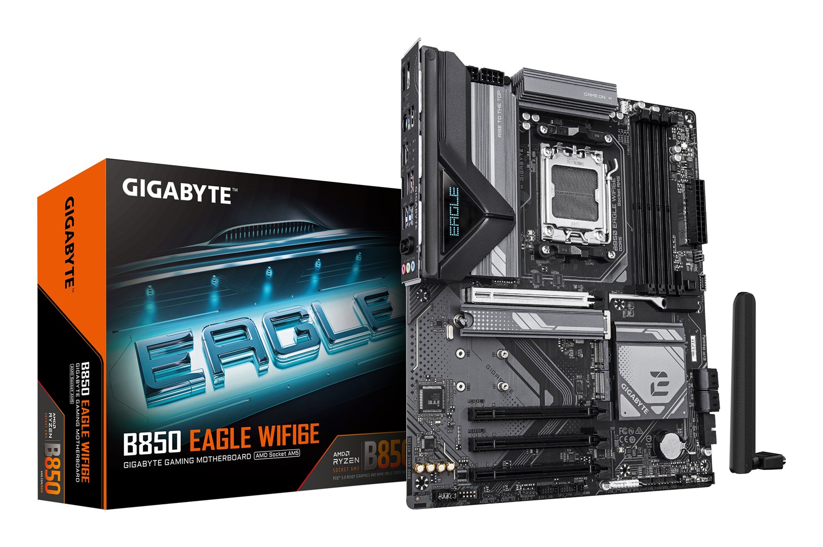 GIGABYTE B850 EAGLE WIFI6E Motherboard - AMD Ryzen 9000 Series CPUs, 8+2+2 Phases Digital VRM, up to 8200MHz DDR5 (OC), 1xPCIe 5.0 + 2xPCIe 4.0 M.2, GbE LAN, WIFI 6E, USB 3.2 Gen 2 GIGABYTE B850 EAGLE WIFI6E Motherboard - AMD Ryzen 9000 Series CPUs, 8+2+2 Phases Digital VRM, up to 8200MHz DDR5 (OC), 1xPCIe 5.0 + 2xPCIe 4.0 M.2, GbE LAN, WIFI 6E, USB 3.2 Gen 2