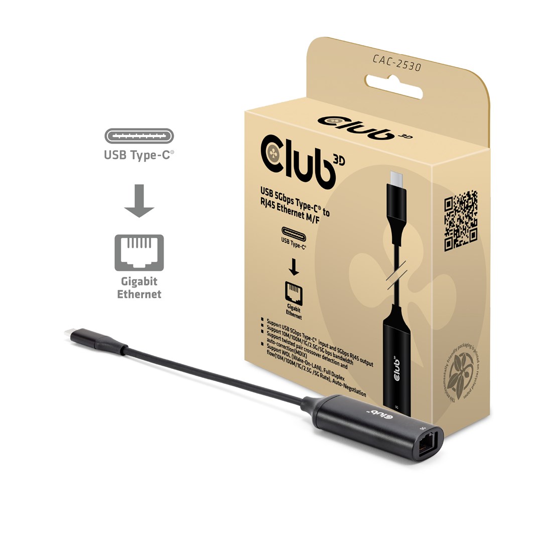 CLUB3D USB 5Gbps Type-C® to RJ45 Ethernet M/F CLUB3D USB 5Gbps Type-C® to RJ45 Ethernet M/F