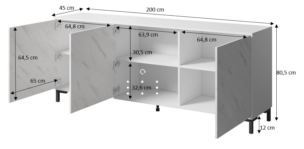 MARMO 3D chest of drawers 200x45x80,5 cm white matt/marble white MARMO 3D chest of drawers 200x45x80,5 cm white matt/marble white