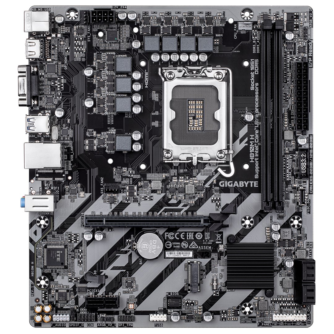 GIGABYTE H810M H Motherboard - Intel Core Ultra (Series 2) CPUs, 4+1+2 Phases VRM, up to 6400MHz DDR5, 1xPCIe 4.0 M.2, 1GbE LAN, USB 3.2 Gen 1 GIGABYTE H810M H Motherboard - Intel Core Ultra (Series 2) CPUs, 4+1+2 Phases VRM, up to 6400MHz DDR5, 1xPCIe 4.0 M.2, 1GbE LAN, USB 3.2 Gen 1