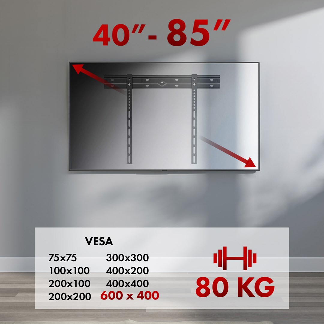 Maclean ultra flat wall mount for TV, 40-85", max VESA 600x400, load up to 80kg, MC-123 Maclean ultra flat wall mount for TV, 40-85", max VESA 600x400, load up to 80kg, MC-123