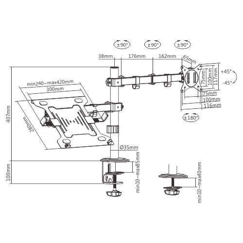 Gembird MA-DA-03 Adjustable desk mount with monitor arm and notebook tray (rotate, tilt, swivel), 17”-32”, up to 9 kg Gembird MA-DA-03 Adjustable desk mount with monitor arm and notebook tray (rotate, tilt, swivel), 17”-32”, up to 9 kg