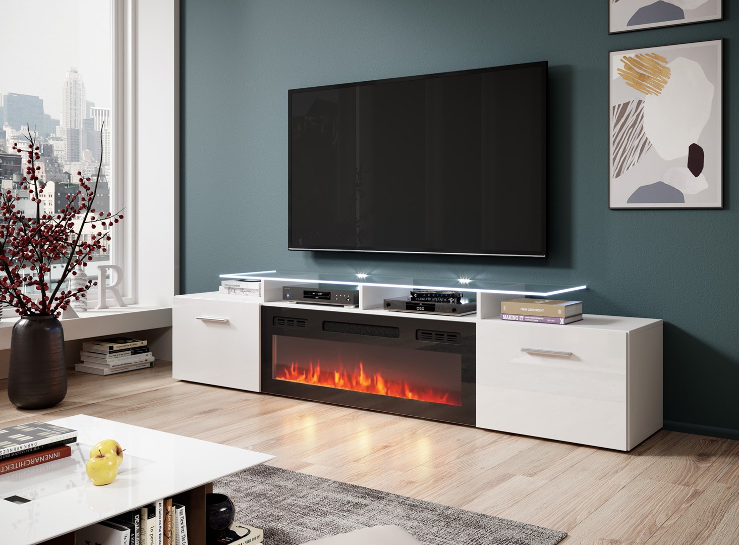 RTV cabinet ROVA with electric fireplace 190x37x48 white/gloss white RTV cabinet ROVA with electric fireplace 190x37x48 white/gloss white