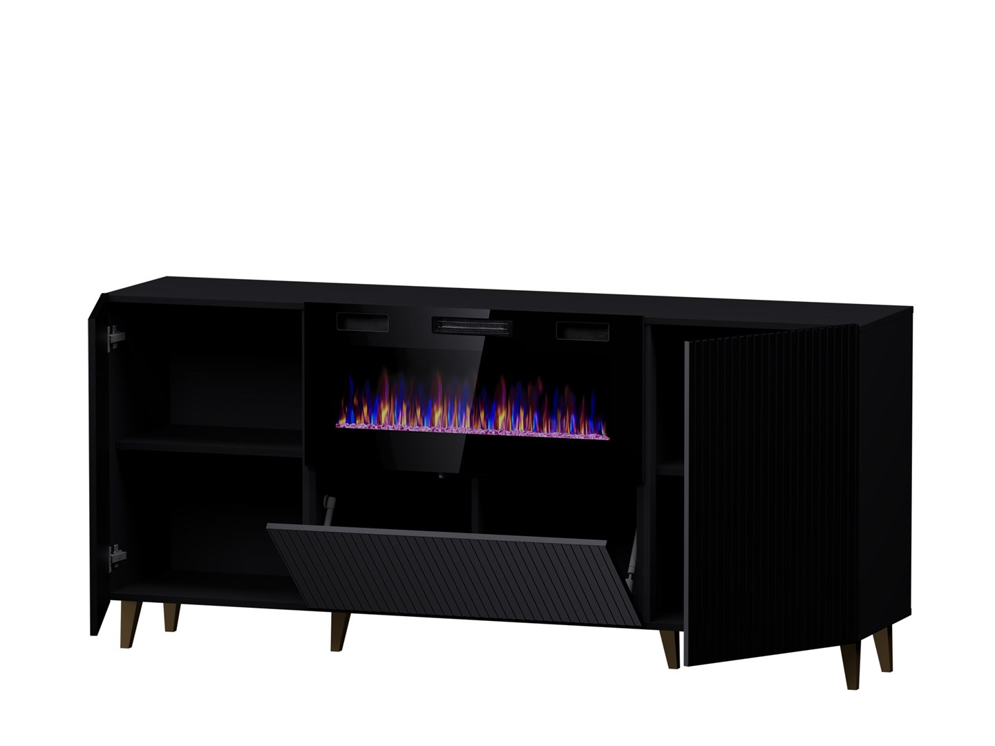 PAFOS chest of drawers with electric fireplace 180x42x82 cm matte black PAFOS chest of drawers with electric fireplace 180x42x82 cm matte black